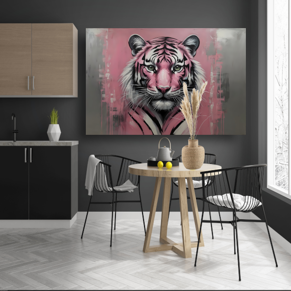 Abstracte Tijger in Roze en Zwart canvas met baklijst