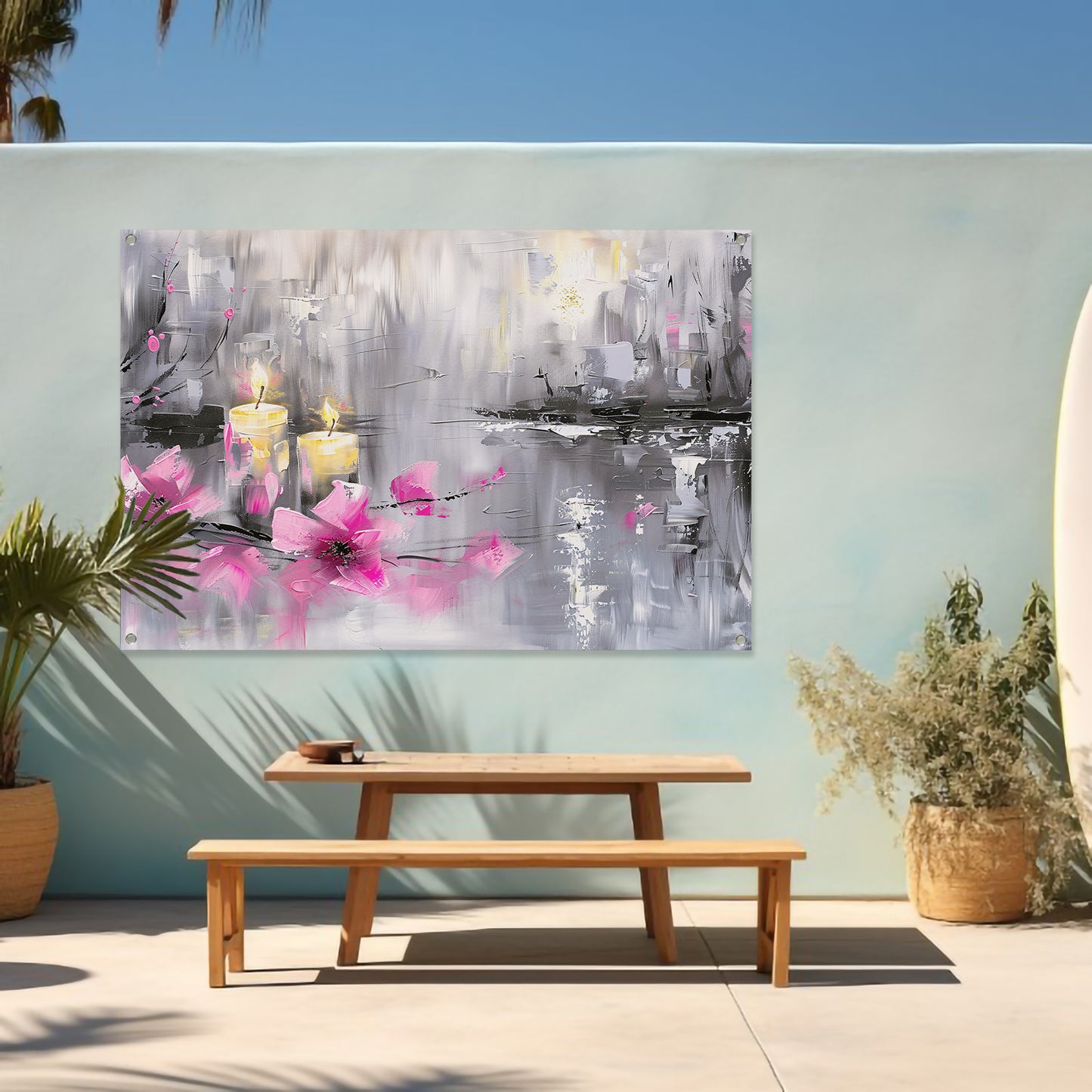 Abstract schilderij met kaarsen en bloemen tuinposter