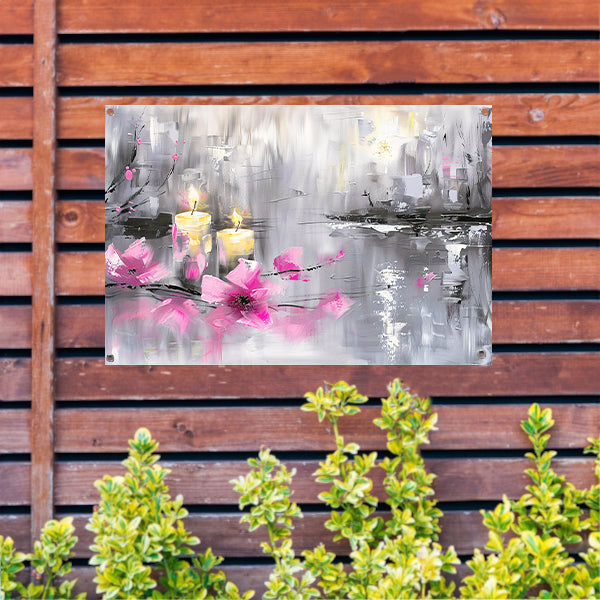 Abstract schilderij met kaarsen en bloemen tuinposter