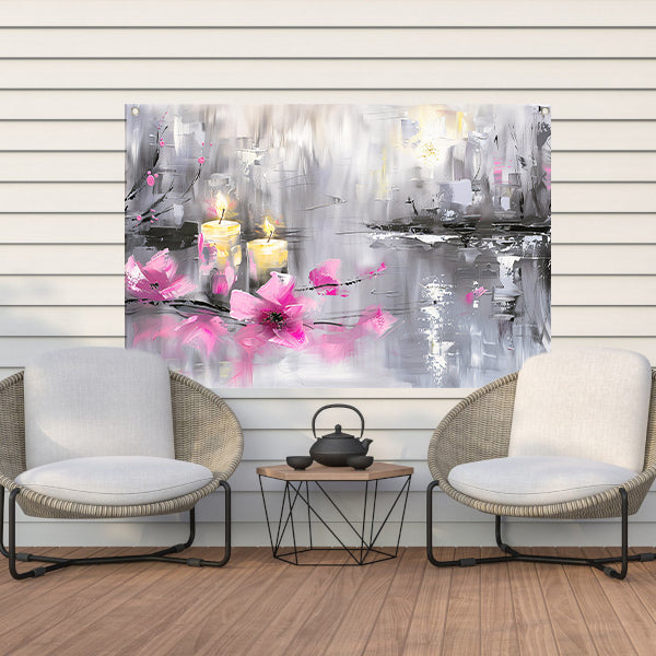 Abstract schilderij met kaarsen en bloemen tuinposter