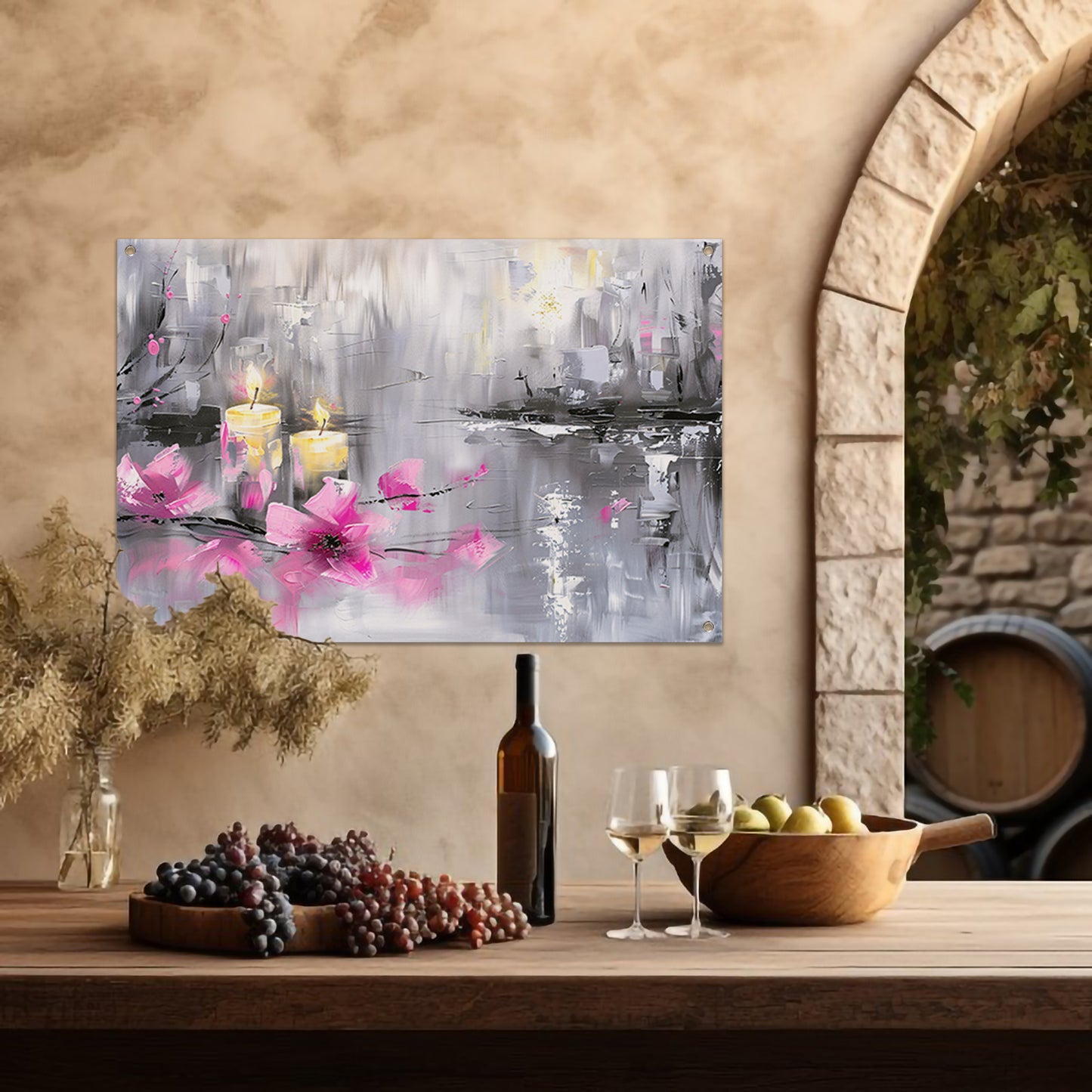 Abstract schilderij met kaarsen en bloemen tuinposter
