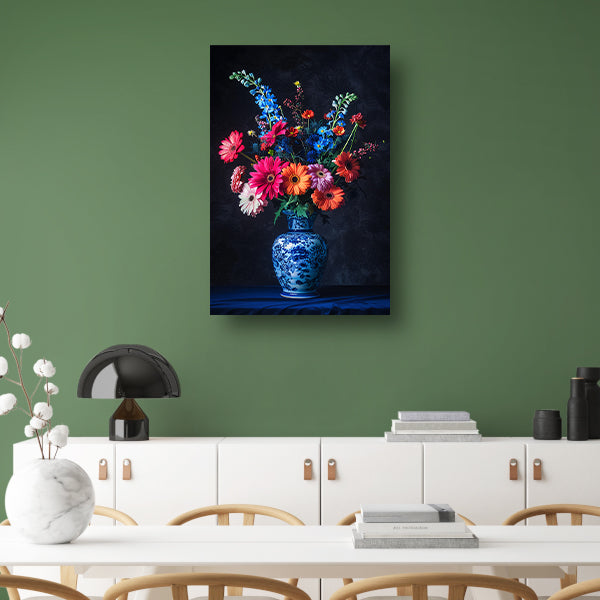 Levendige bloemen in elegante blauw-witte vaas poster