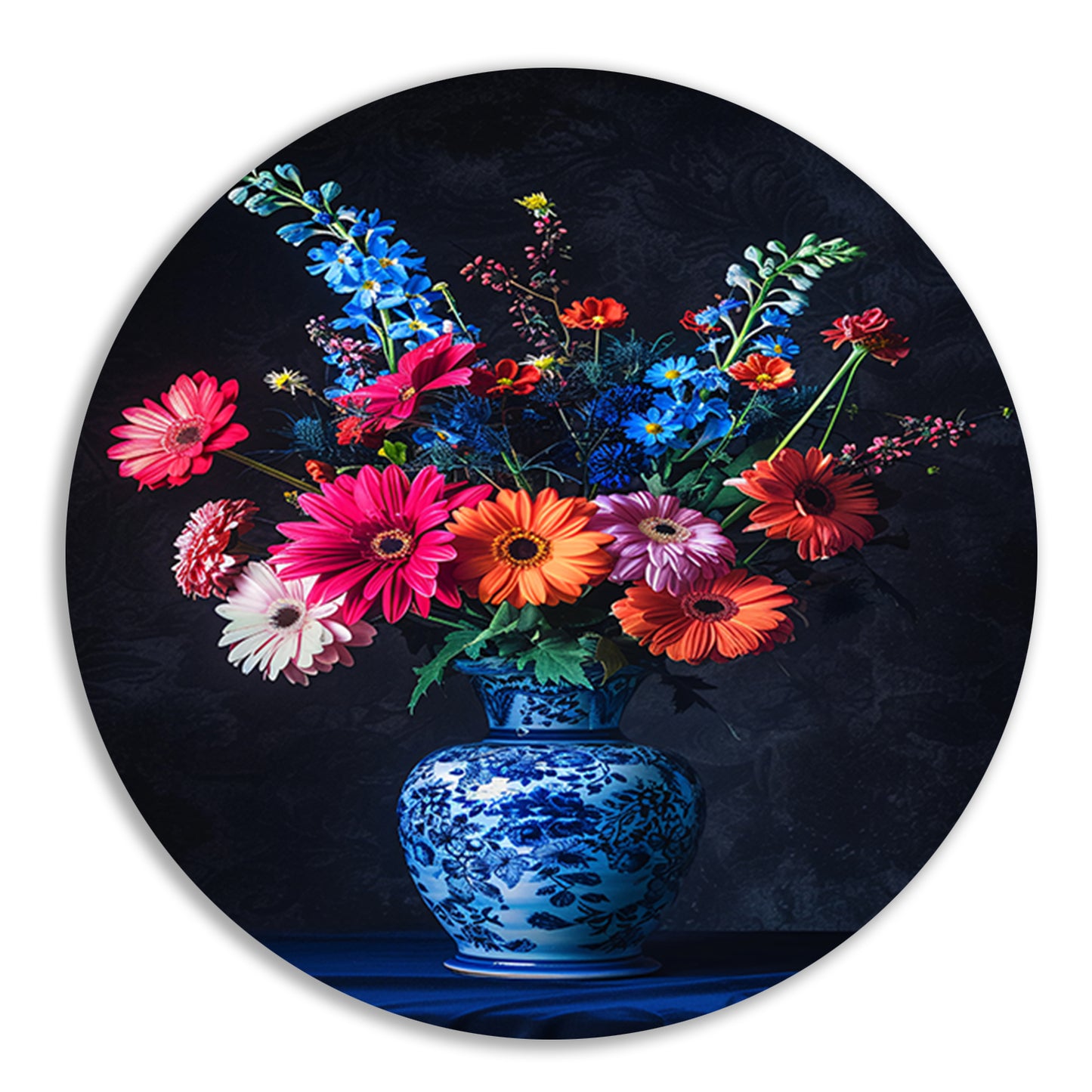 Levendige bloemen in elegante blauw-witte vaas forex muurcirkel