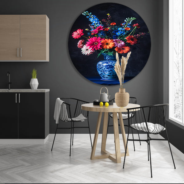 Levendige bloemen in elegante blauw-witte vaas forex muurcirkel