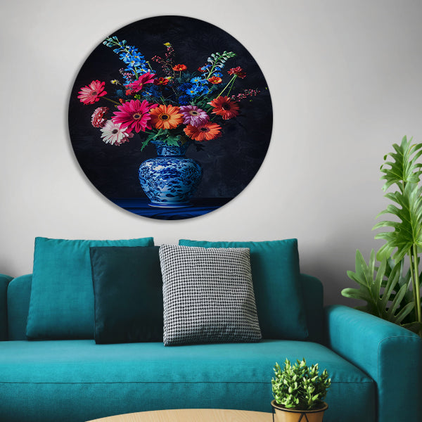 Levendige bloemen in elegante blauw-witte vaas forex muurcirkel