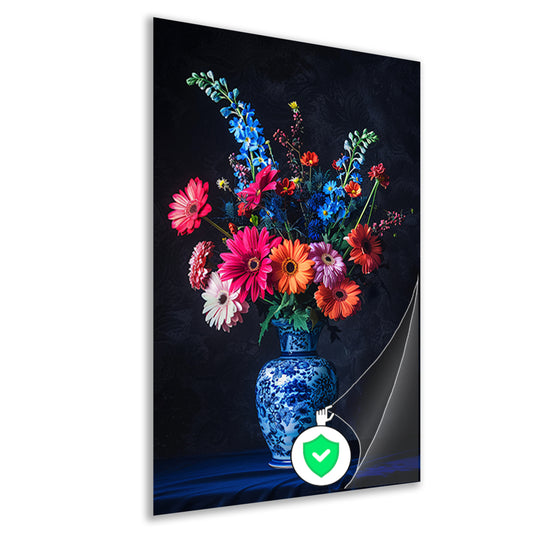 Levendige bloemen in elegante blauw-witte vaas poster