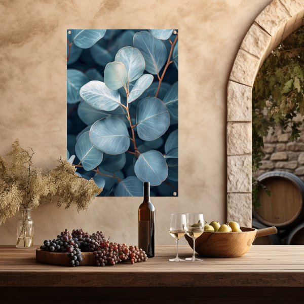 Elegante eucalyptusbladeren in zilveren en blauwe tinten tuinposter