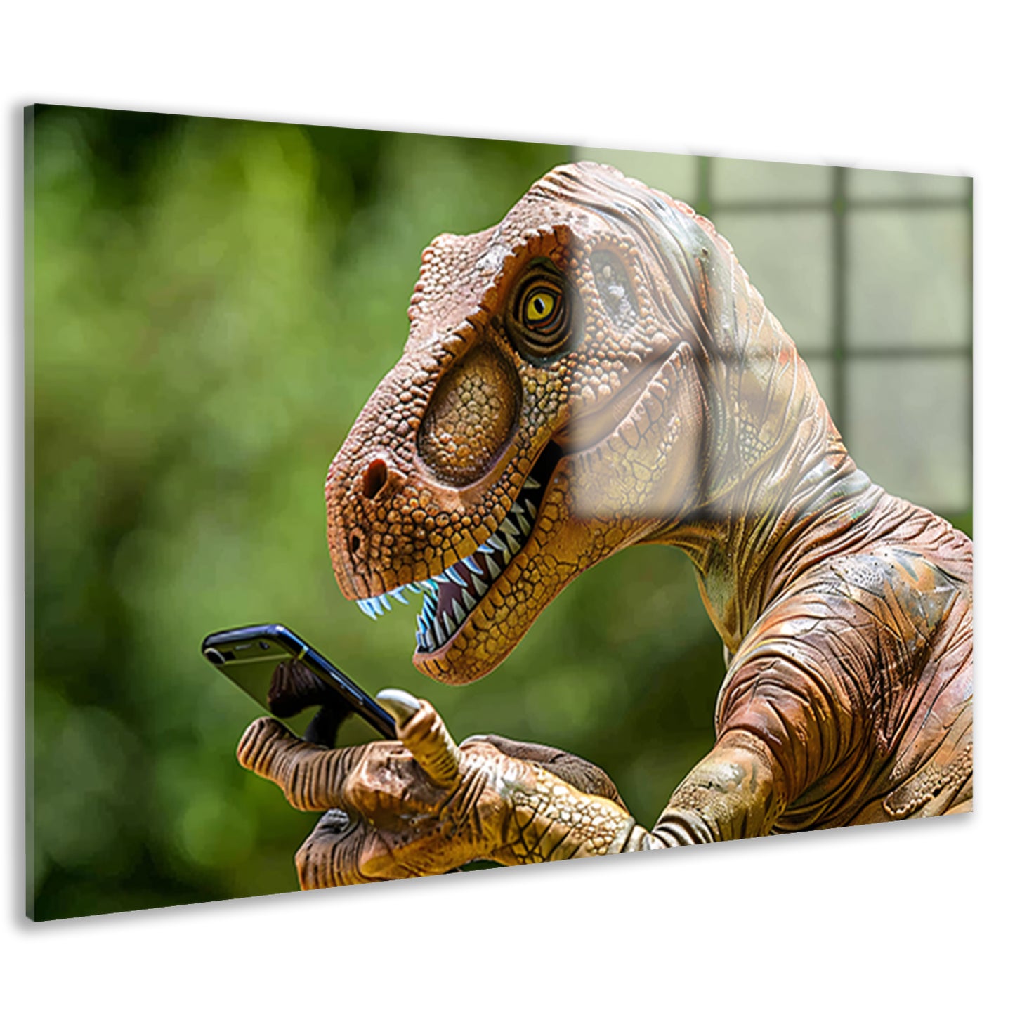 Dinosaur met smartphone in futuristische wereld acrylglas