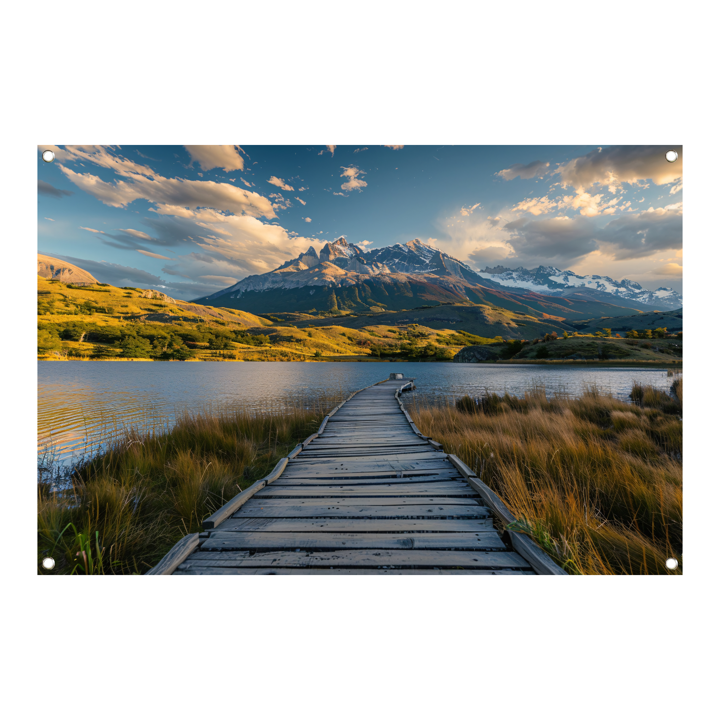 Houten pad naar bergen in schitterend landschap tuinposter