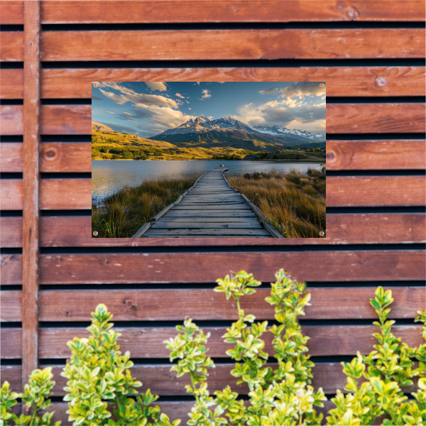 Houten pad naar bergen in schitterend landschap tuinposter