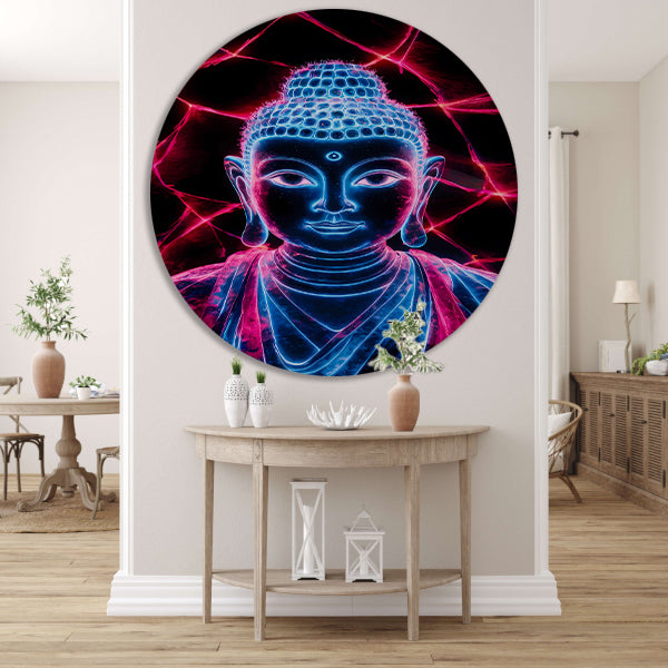Futuristische neon Boeddha met lichten aluminium muurcirkel