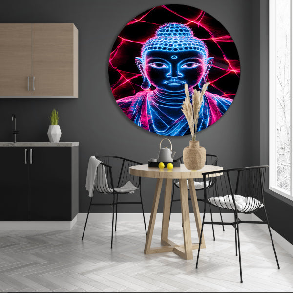 Futuristische neon Boeddha met lichten aluminium muurcirkel