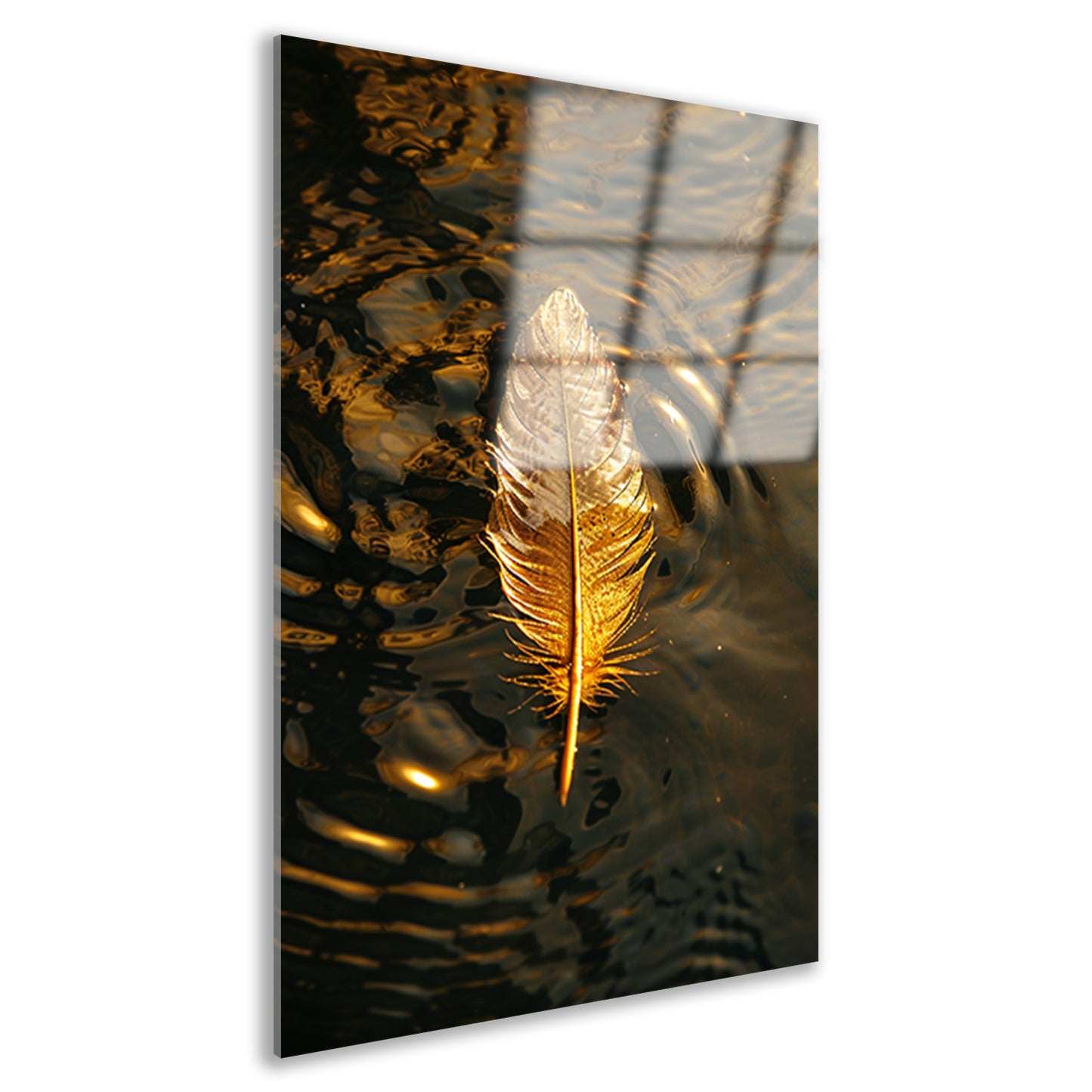 Gouden veer op donkere wateroppervlakte bij zonsondergang acrylglas