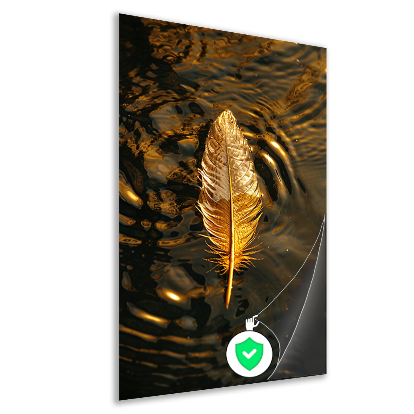 Gouden veer op donkere wateroppervlakte bij zonsondergang poster