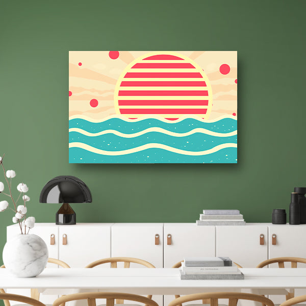 Abstracte zonsondergang boven kleurrijke golven poster