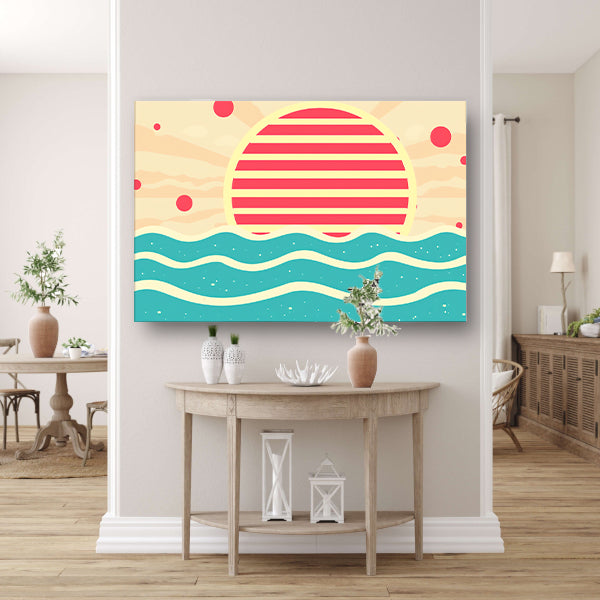 Abstracte zonsondergang boven kleurrijke golven poster