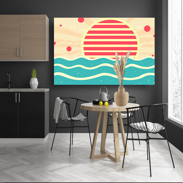 Abstracte zonsondergang boven kleurrijke golven poster