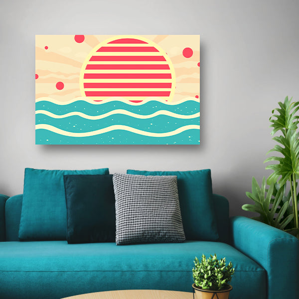 Abstracte zonsondergang boven kleurrijke golven poster
