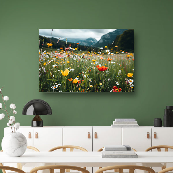 Bloemenveld voor majestueuze bergtoppenposter