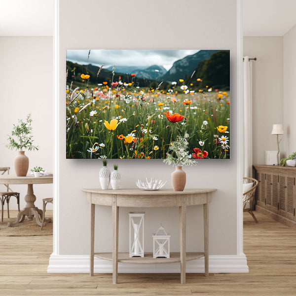 Bloemenveld voor majestueuze bergtoppenposter