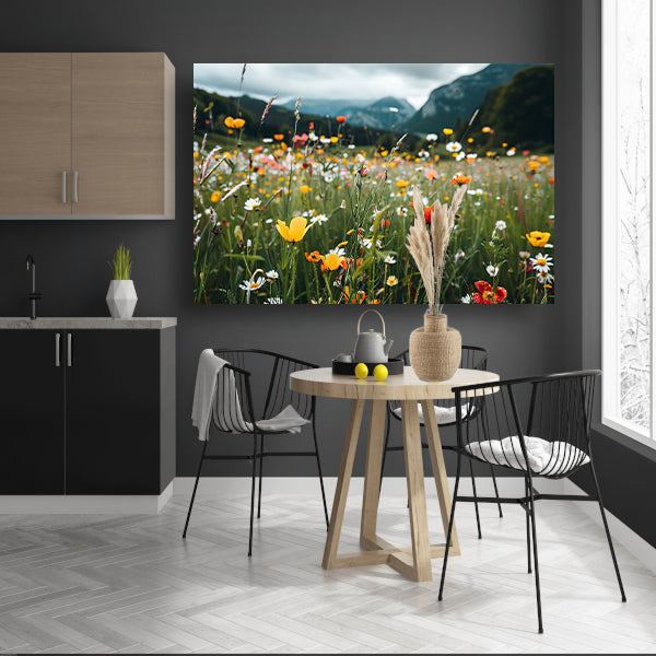 Bloemenveld voor majestueuze bergtoppenposter