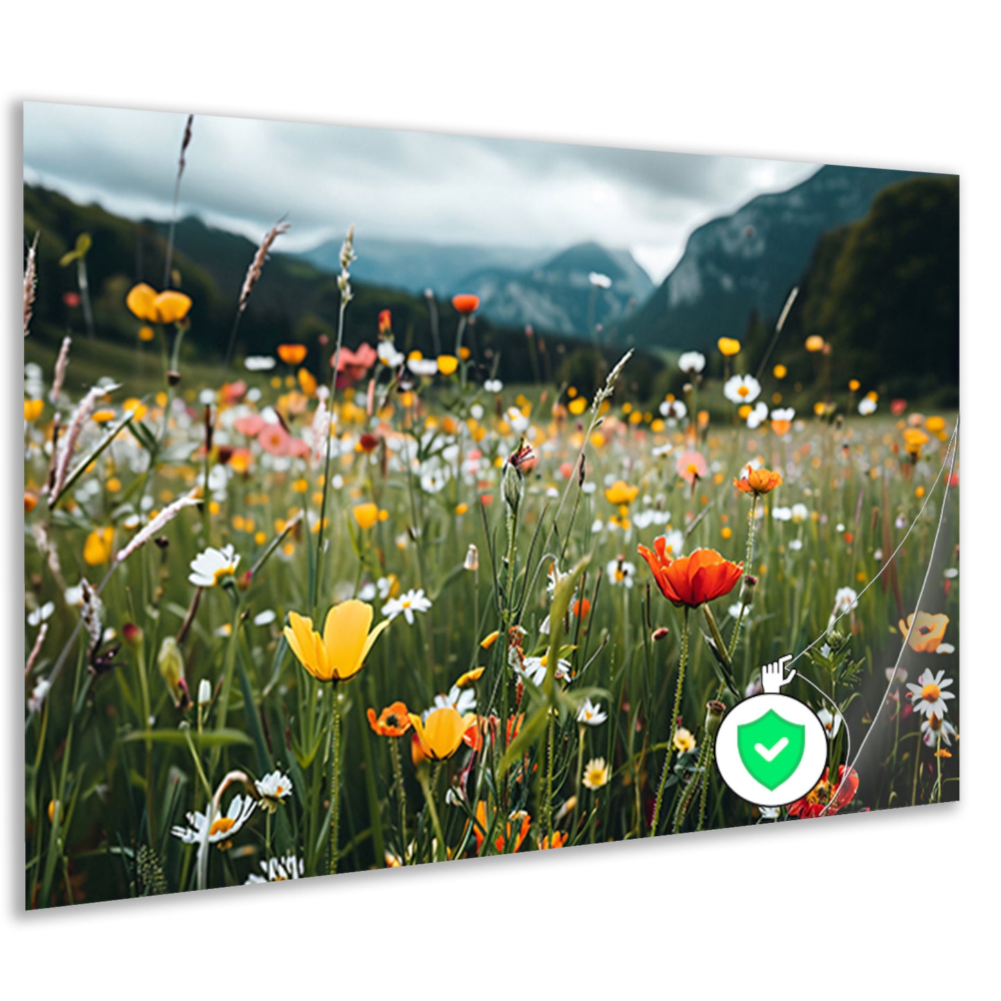 Bloemenveld voor majestueuze bergtoppenposter