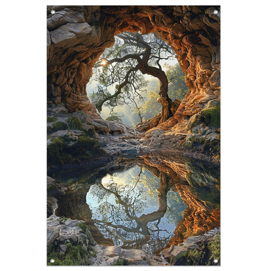 Boomspiegeling in grot tuinposter
