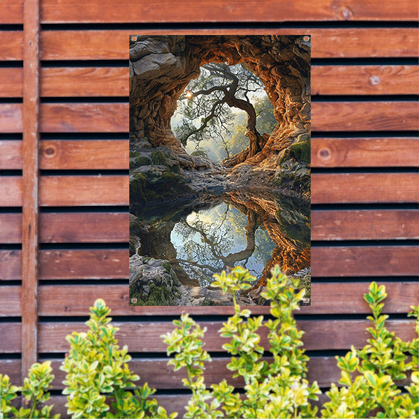 Boomspiegeling in grot tuinposter