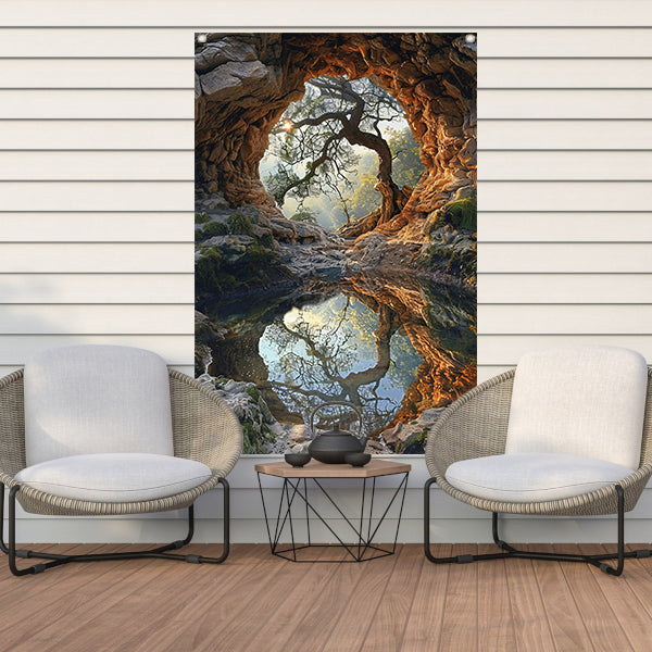 Boomspiegeling in grot tuinposter