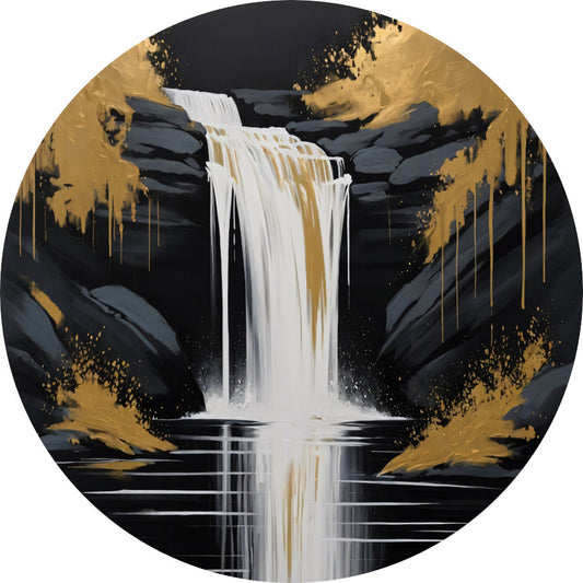 Abstracte Waterval in Gouden Reflectie aluminium muurcirkel