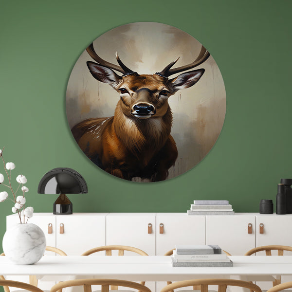Majestueus hert met imposant gewei in olie aluminium muurcirkel