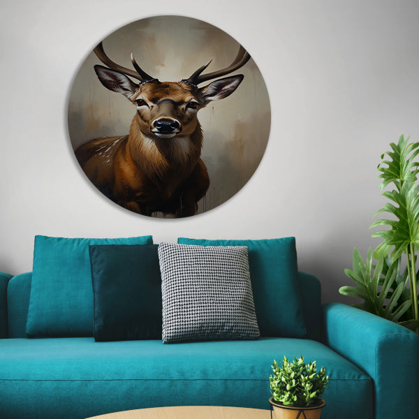 Majestueus hert met imposant gewei in olie aluminium muurcirkel
