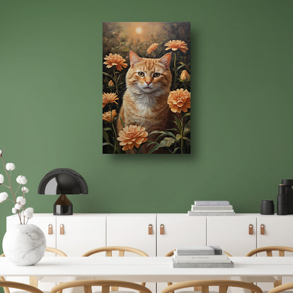 Oranje Kat tussen Bloeiende Goudsbloemen canvas met baklijst
