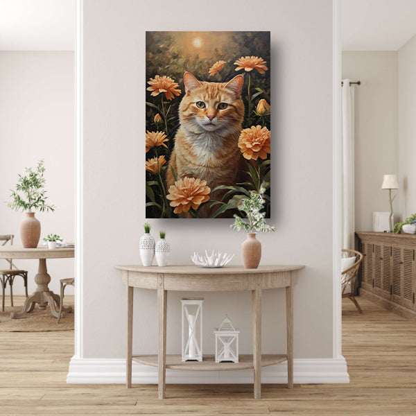 Oranje Kat tussen Bloeiende Goudsbloemen canvas met baklijst