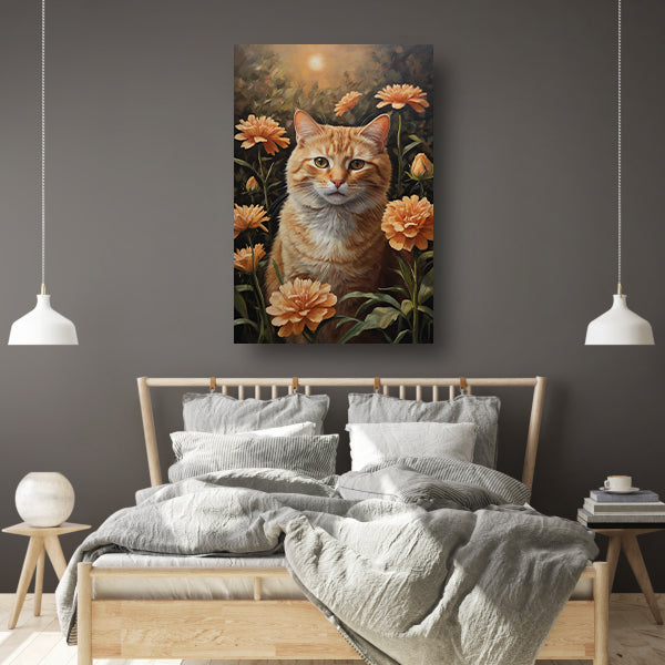 Oranje Kat tussen Bloeiende Goudsbloemen canvas met baklijst