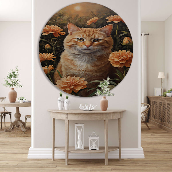 Oranje Kat tussen Bloeiende Goudsbloemen aluminium muurcirkel