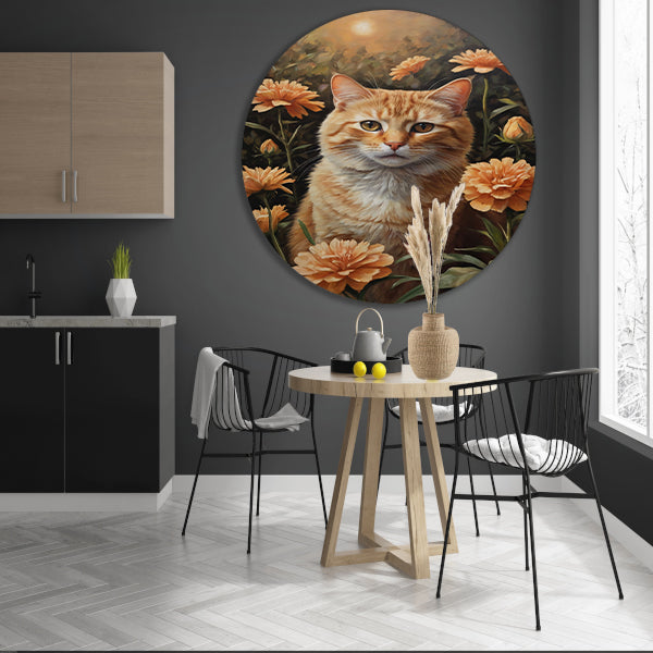 Oranje Kat tussen Bloeiende Goudsbloemen aluminium muurcirkel