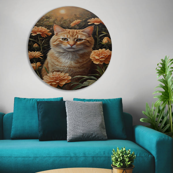 Oranje Kat tussen Bloeiende Goudsbloemen aluminium muurcirkel