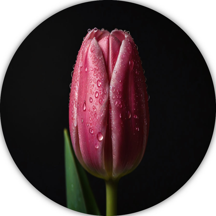 Roze Tulp met Dauw op Zwarte Achtergrond forex muurcirkel