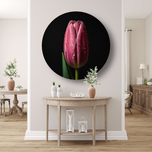 Roze Tulp met Dauw op Zwarte Achtergrond forex muurcirkel