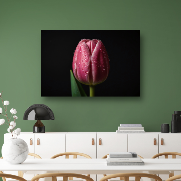 Roze Tulp met Dauw op Zwarte Achtergrond canvas met baklijst