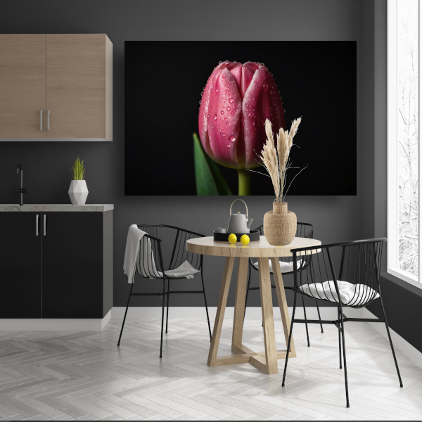 Roze Tulp met Dauw op Zwarte Achtergrond canvas met baklijst