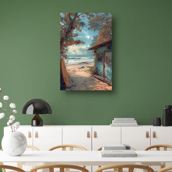 Kleurrijk strandhuisje met surfplanken poster