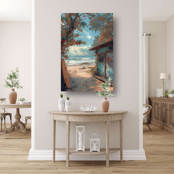 Kleurrijk strandhuisje met surfplanken poster