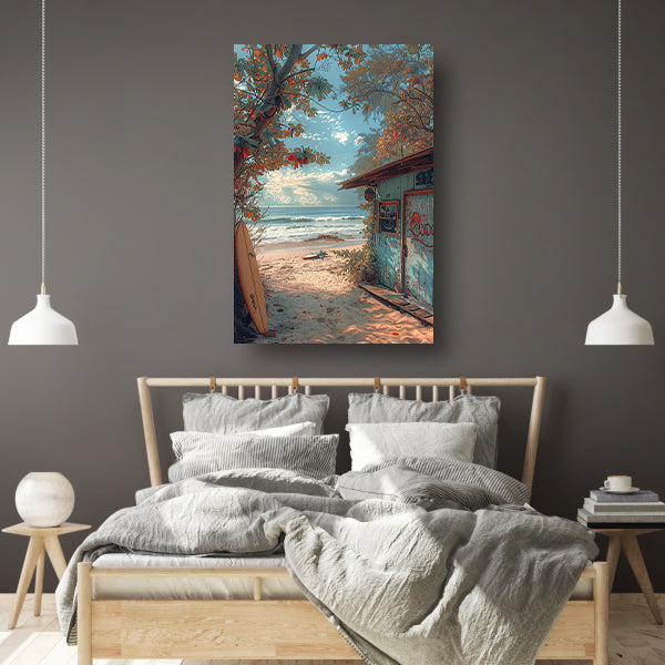 Kleurrijk strandhuisje met surfplanken poster