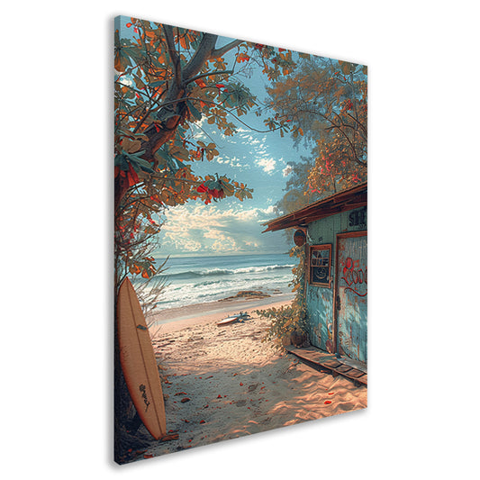 Kleurrijk strandhuisje met surfplanken canvas