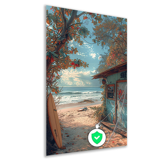 Kleurrijk strandhuisje met surfplanken poster