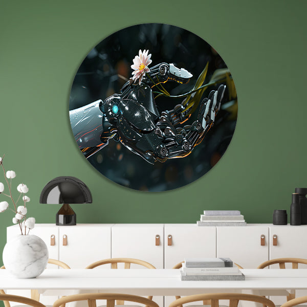 Robotarm met bloem in delicate balans aluminium muurcirkel
