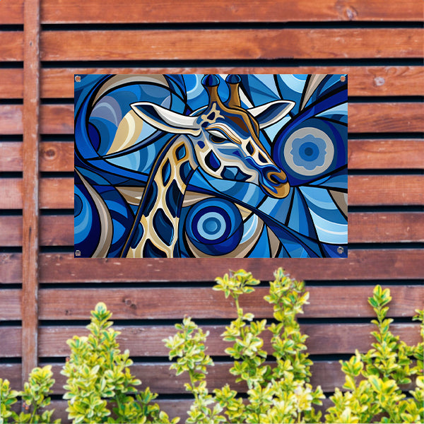 Abstracte schilderij van een giraffe in blauw tuinposter