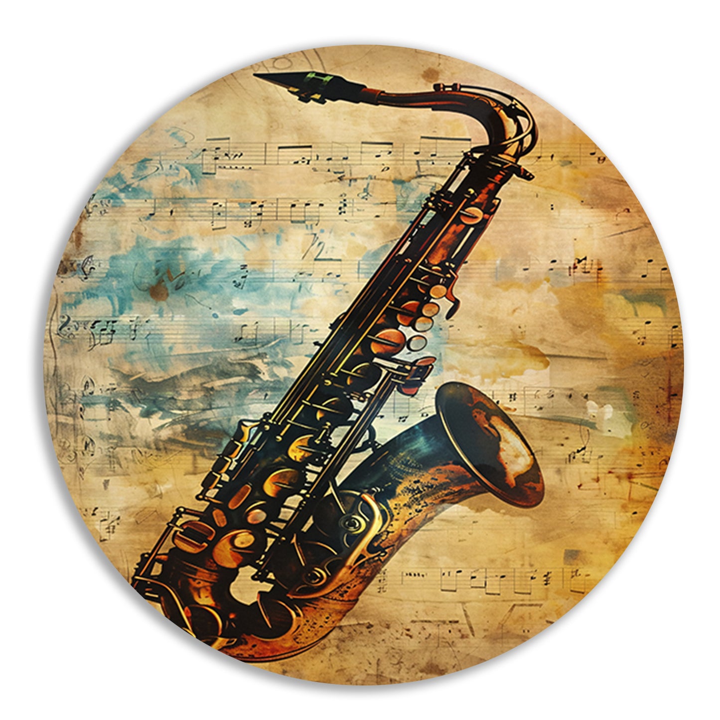 Abstracte Saxofoon op Muziekpapier aluminium muurcirkel